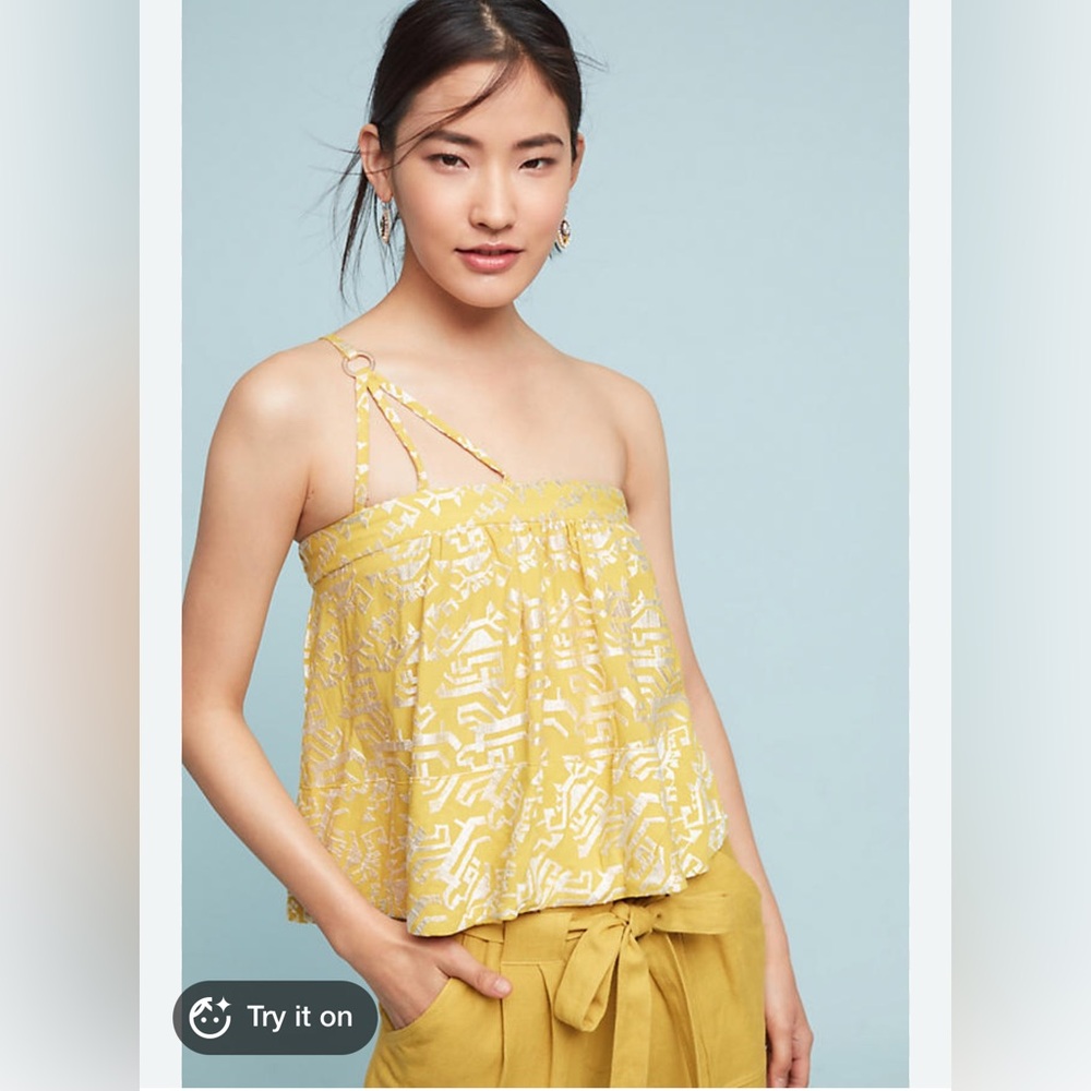 Anthropologie. Top. Small. Yellow with print. One shoulder